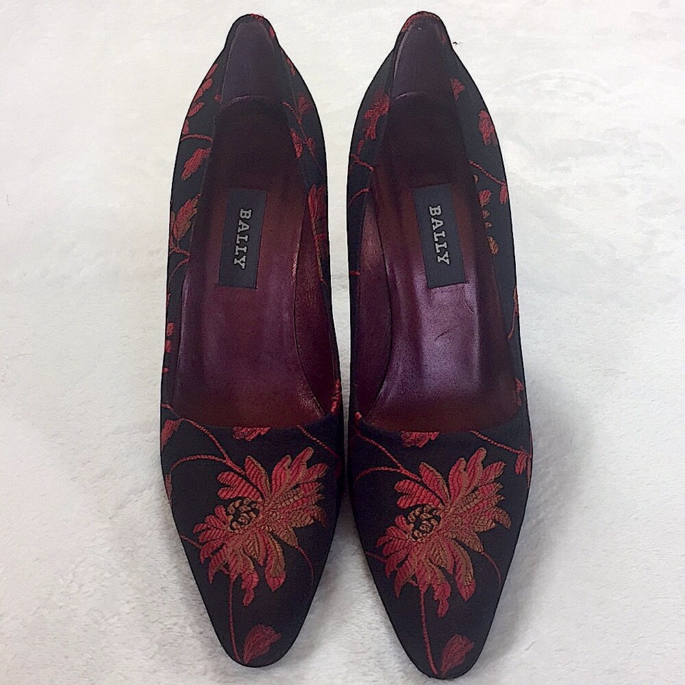 VINTAGE BALLY RED AND BLACK FLORAL PRINT STILETTO HEELS
